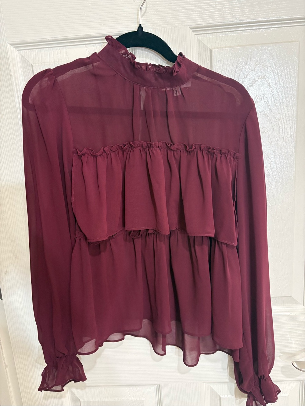 Francesca's Collections Burgundy Ruffled High-Neck Blouse